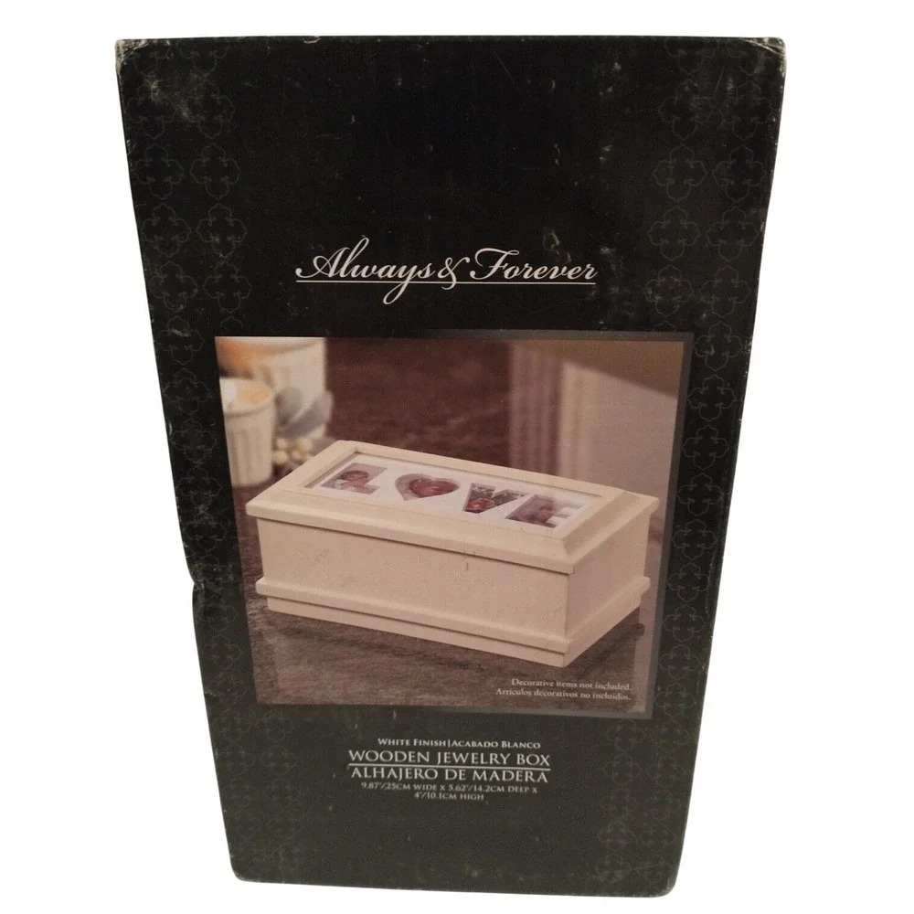 Always & Forever White Wooden Jewelry Box Photo Frame Lid LOVE HOPE Matte Finish
